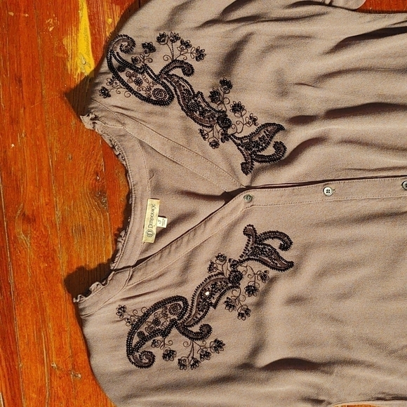 Democracy Olive Green Beaded Embroidered Paisley Design Blouse Sz S - Picture 2 of 7
